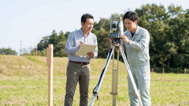 土地売買の手続きに不可欠な境界確定のための測量作業と、その様子を確認する地主。