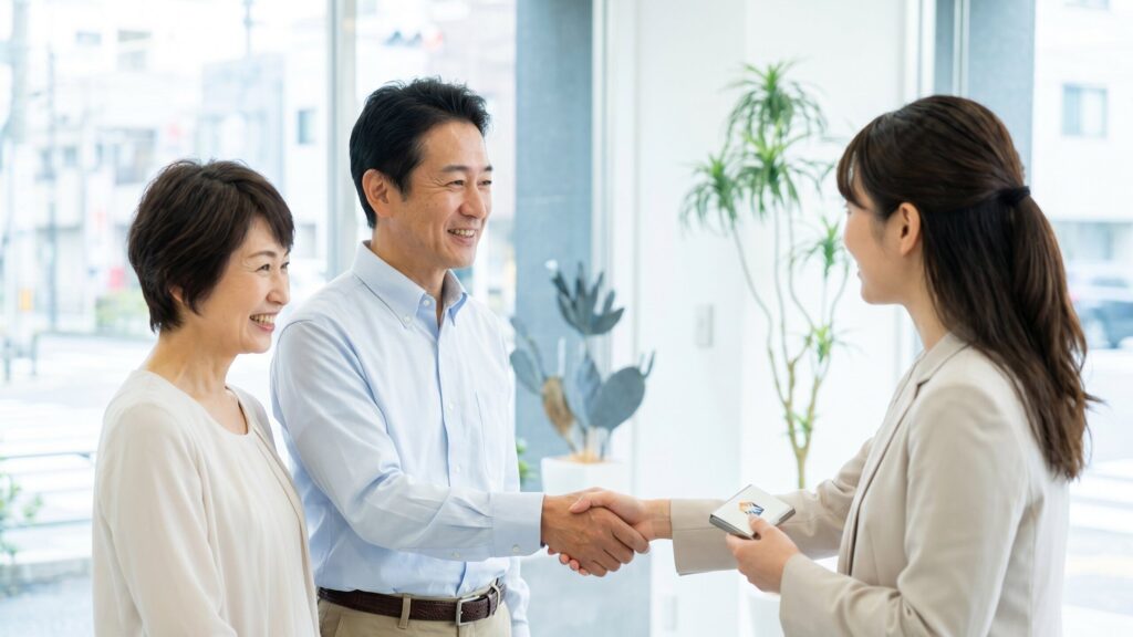 初めての土地売却で失敗しないために、不動産会社の担当者と笑顔で挨拶を交わす夫婦。