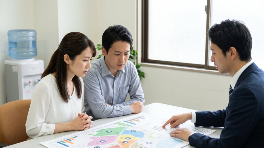 オフィスのテーブルで、深刻な表情の男女が広げられた色分けされた地図やグラフを指差すスーツ姿の男性と話し合っています。