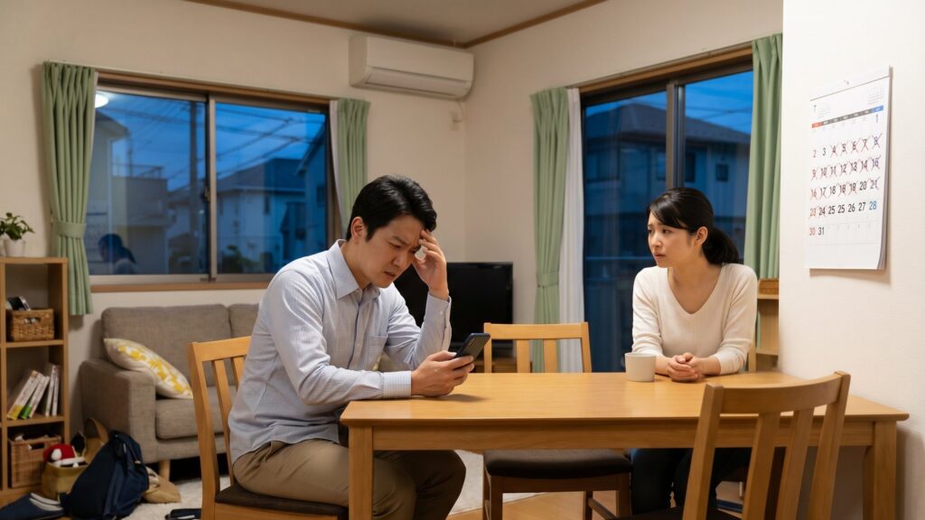 家が売れないストレスを抱え、夜遅くにダイニングテーブルでスマホの不動産情報をチェックしながら悩む夫婦の姿。