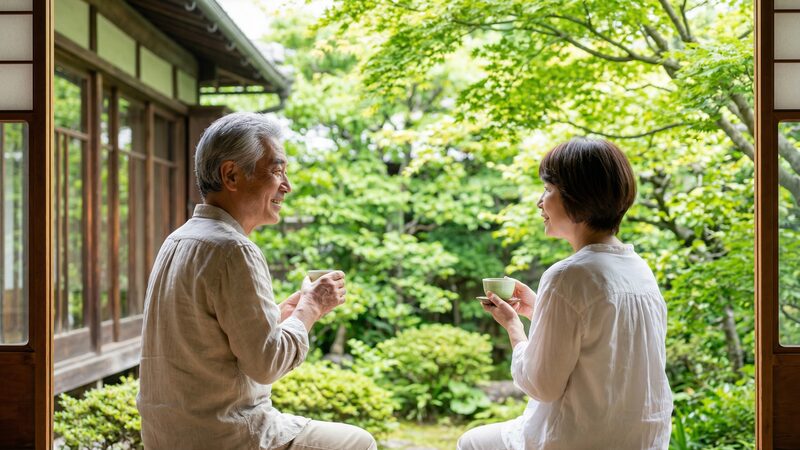 最後まで自宅を売ってはいけない理由となる、住み慣れた家で庭を眺めながら穏やかな老後を過ごす高齢夫婦