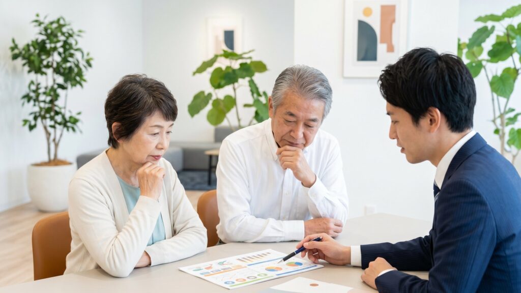 不動産売却のコツや注意点を学ぶため専門家からグラフ付きの資料で説明を受ける夫婦。