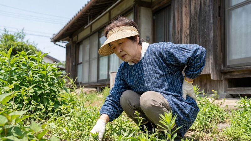 庭の草むしりなど自宅の維持管理が体力的に負担になり、腰を痛めて売却を考え始める高齢女性