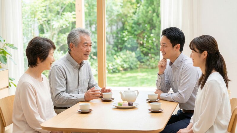 自宅を最後まで売ってはいけない理由や売却の正しい判断基準について、実家で家族会議をして話し合う親と子ども夫婦