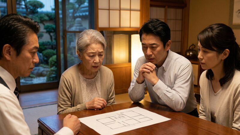 実家を売却すべき正しい判断基準について、専門家を交えて間取り図を囲み深刻な表情で話し合う家族
