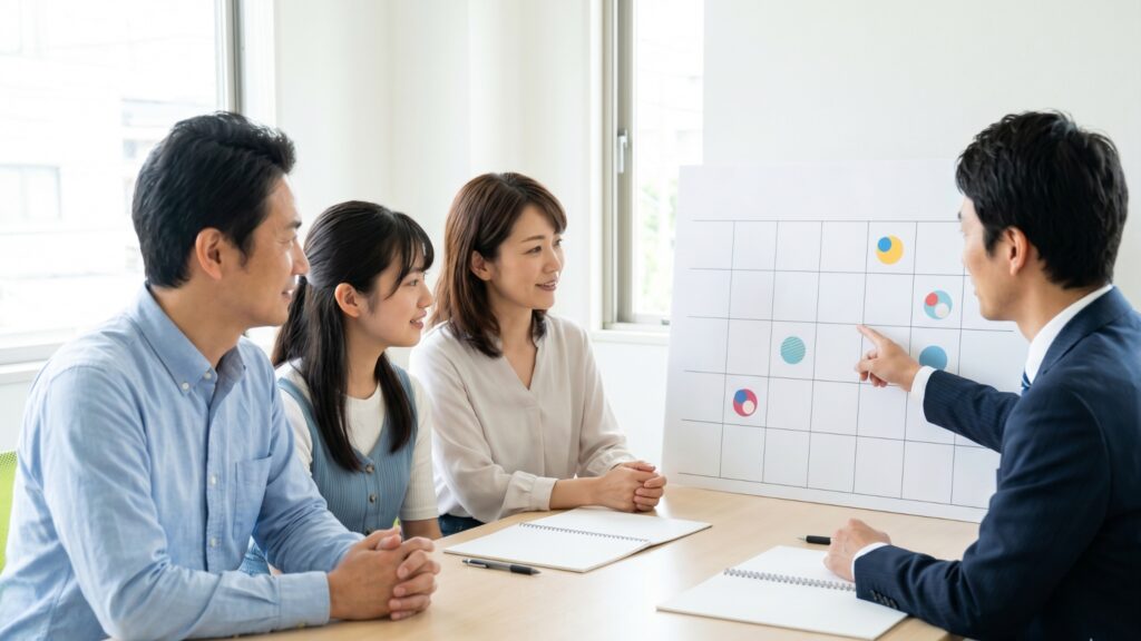 土地を売る手順や注意点について、不動産会社の担当者からグラフパネルを用いて家族揃って説明を受けるシーン。