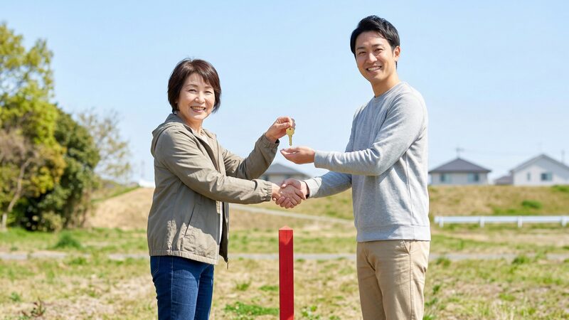 個人での土地売買が成立し、赤い境界杭が打たれた土地を背に、売主と買主が鍵の受け渡しと握手をする場面。