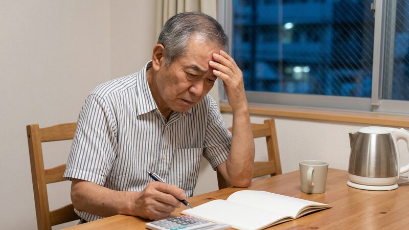 老後の資金不足や自宅の維持費に悩み、売却すべきか家計簿と電卓を前に頭を抱える高齢男性