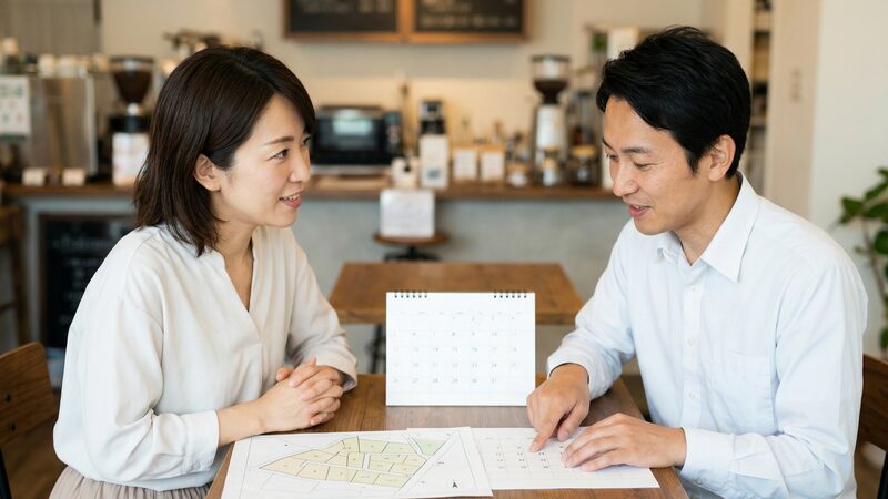 土地売買の引き渡し日や手続きの期限を、カレンダーと図面で確認し合う個人の売主。
