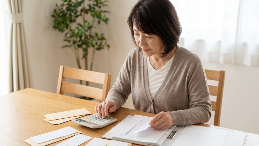 土地を売るときの税金や費用を計算し初めての売却で失敗しないよう資金計画を立てる女性。