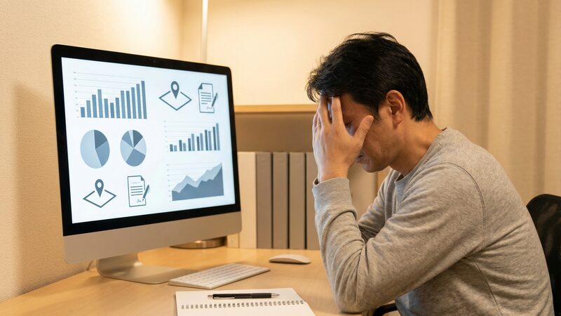 不動産関連のグラフが表示されたモニターの前で、椅子に座った男性が両手で顔を覆う。