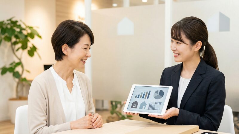 土地売買の流れやリスクを把握するため、タブレットに表示された不動産データを確認しながら、専門家のアドバイスを笑顔で受ける個人の土地所有者。