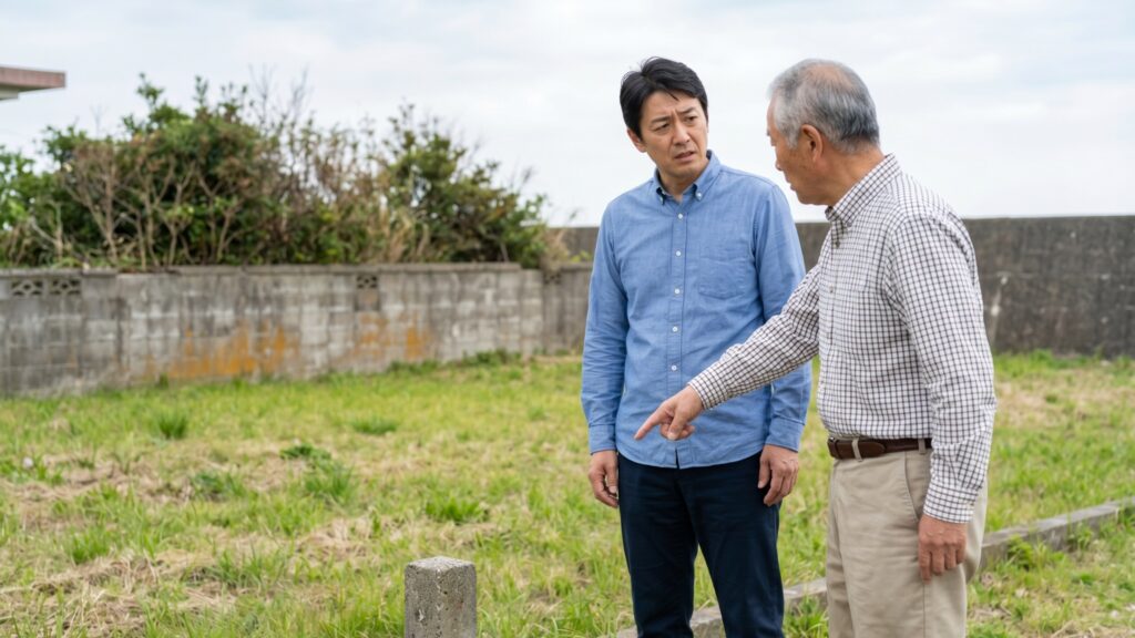 初めての土地売却でトラブルを防ぐコツとして、敷地の境界杭を現地で念入りに確認する。