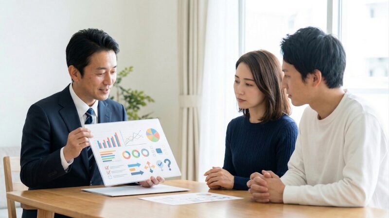 土地売買の契約前に、専門家から統計データやグラフを用いた重要事項の説明を受ける相談場面。