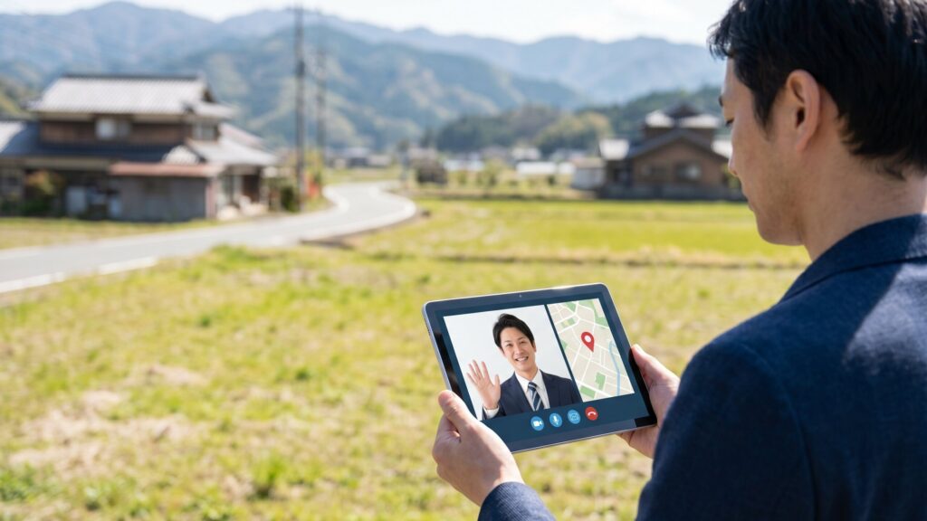 初めての不動産売却で失敗しないために、タブレットで土地のオンライン査定や相談を行う。