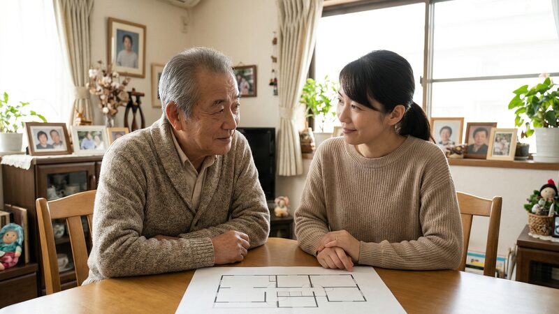 自宅を売ってはいけない理由や将来の判断基準について、間取り図を前に笑顔で話し合う親子の様子