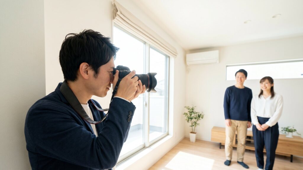 家が売れないストレスを解消する不動産売却対策として、物件ポータルサイト用にプロが明るい室内を撮影する場面。