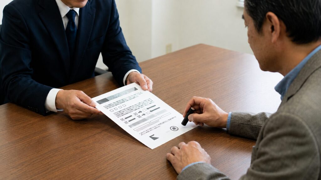 個人での土地売買において最も重要な、契約書類への署名捺印と手続きの最終確認を行う場面。
