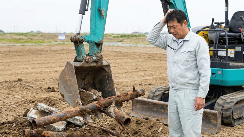 個人の土地売買における代表的なトラブル。地中から予期せぬ埋設物が見つかり困惑する様子。