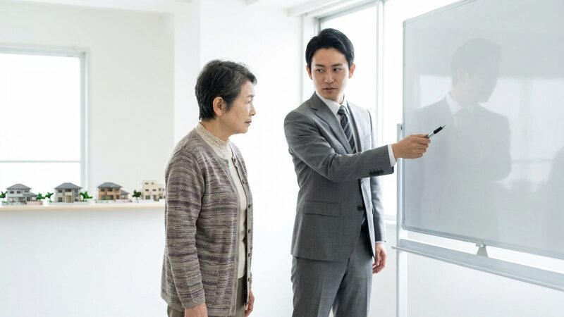 不動産会社の男性担当者から、自宅を売却すべきケースについてホワイトボードで説明を受ける高齢女性