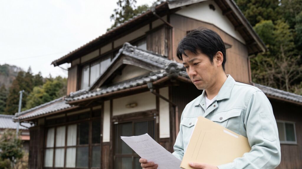 土地を売るときの査定価格や注意点を調べるため古い一軒家の前で書類を確認する専門家。