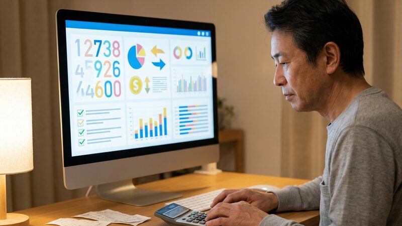 個人の土地売買で失敗しないよう、パソコンで不動産相場や収支シミュレーションを行う男性。