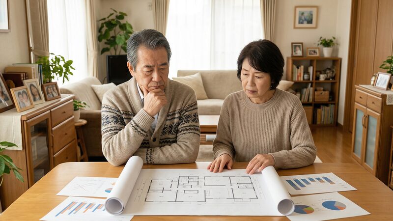最後まで自宅を売ってはいけない理由や売却すべき判断基準について、間取り図とグラフを前に悩む高齢夫婦