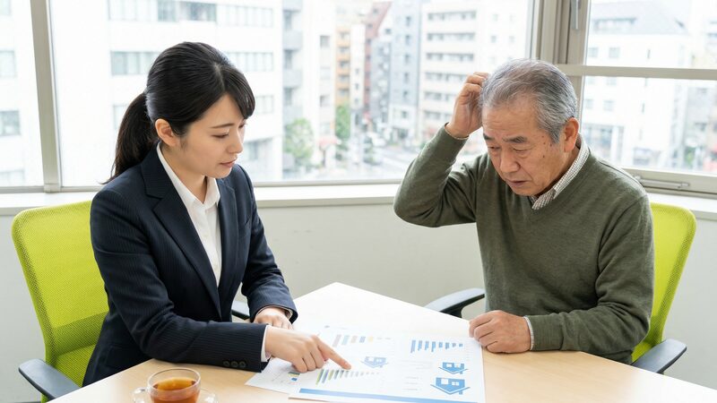 最後まで自宅を売ってはいけないのか、不動産会社の担当者に相談し判断基準に悩むシニア男性