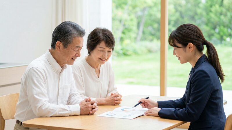 不動産会社の担当者から自宅売却の正しい判断基準について、資料を見ながら笑顔で説明を聞く高齢夫婦