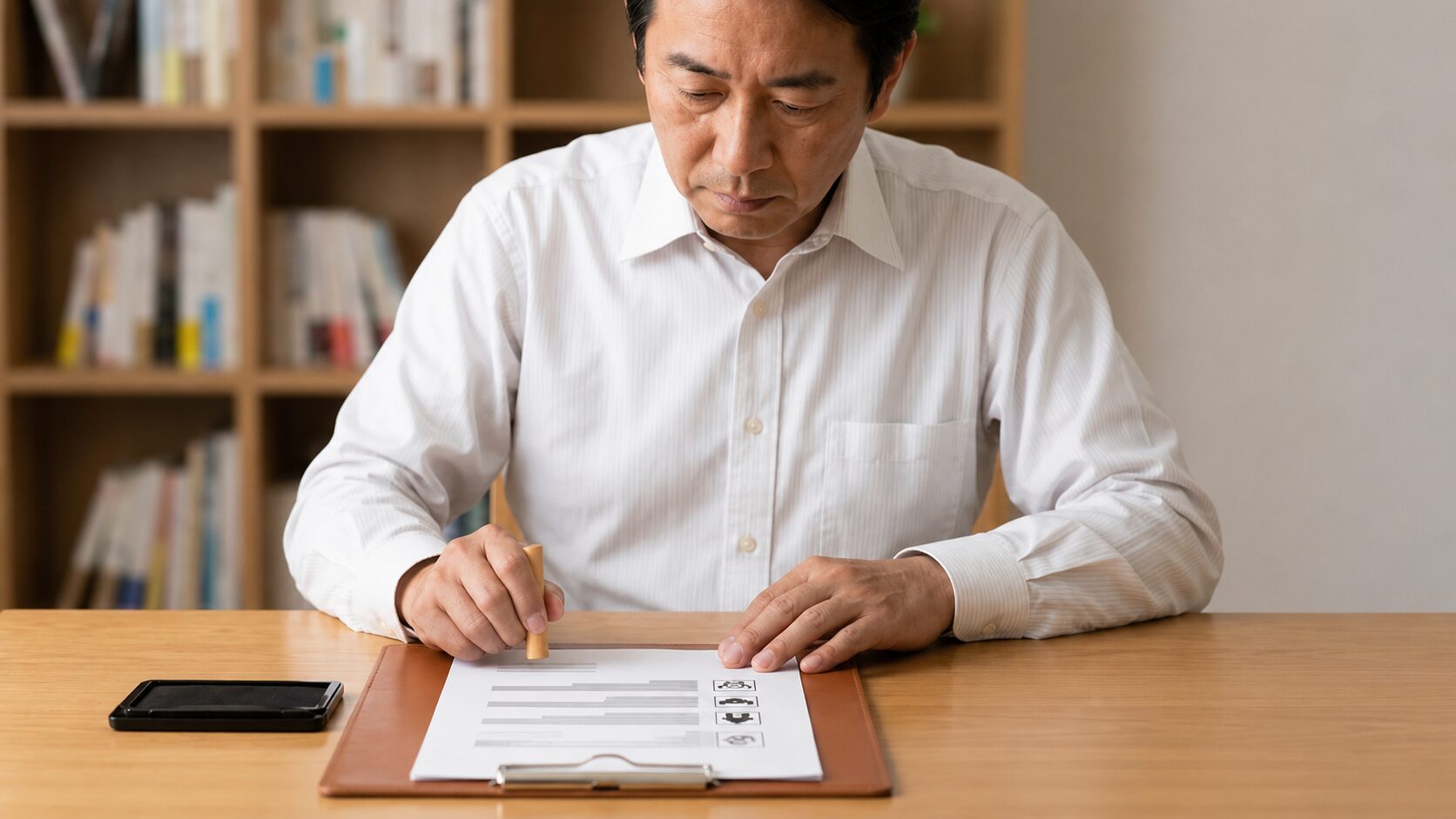 土地売買契約書に実印で捺印する手続き。重要事項の説明を受け合意に至った瞬間の様子。