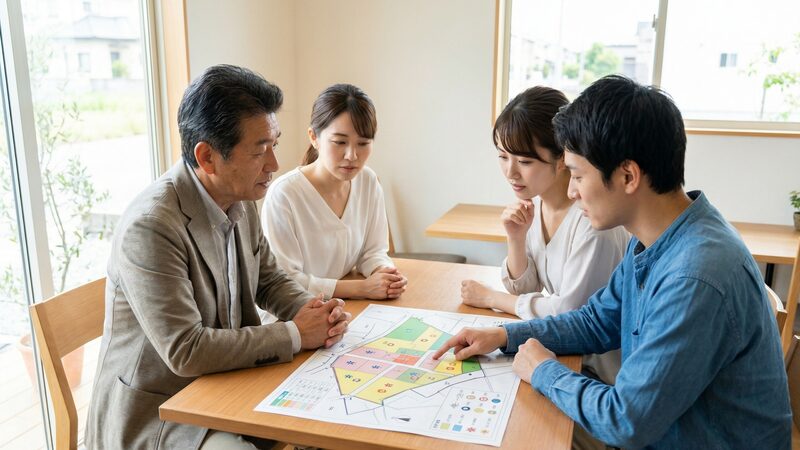 土地の区画図を見ながら、分筆や境界の条件について相談する土地売買の当事者たち。