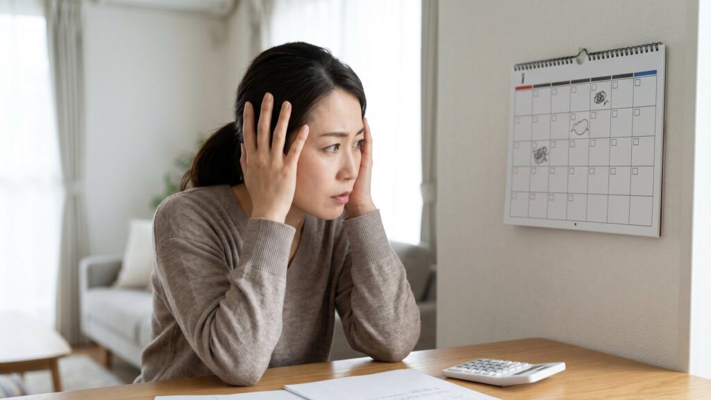 家が売れない期間が長引き、維持費やローンの返済計画について電卓を前に頭を抱えて深刻なストレスを感じている女性。