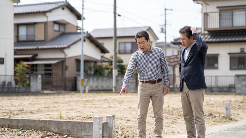 土地を売るときの重要な注意点である境界確認を行うため、売却予定の空き地でトラブル防止の対策を話し合う男性2人。