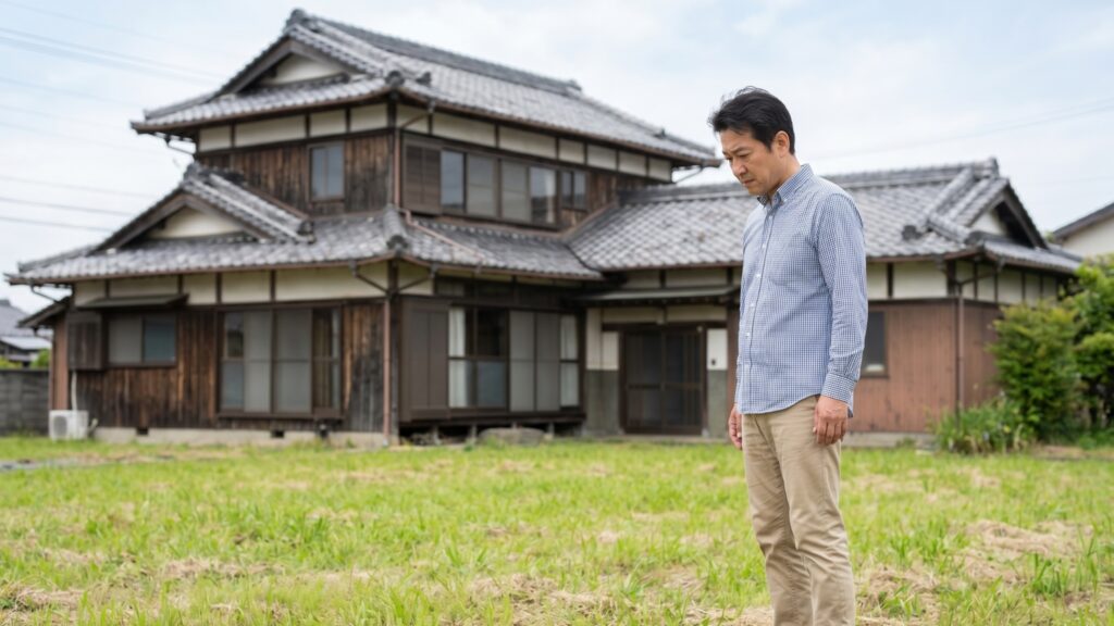 広大な草地が広がる敷地と、その奥に建つ大きな古い２階建ての日本家屋を前に立つ男性。